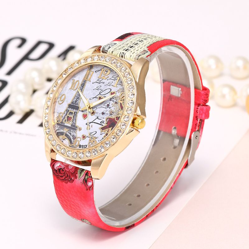 Yamaler Damen-Armbanduhr mit Eiffelturm-Motiv, Strasssteinen, Lederarmband, rundem Zifferblatt, analoge Quarzuhr_voghion.com
