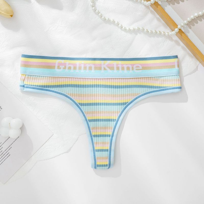 Women's Clothing Cotton Thong Sexy Women's Underwear Fashion Rainbow Stripe GK Letter Belt Thong Thin Strap_voghion.com