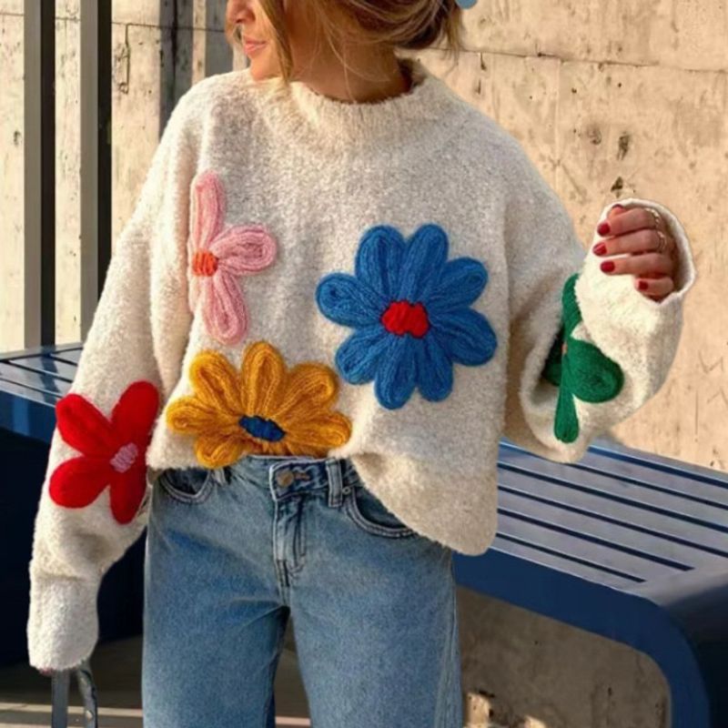 Hand-Embroidered Floral Knit Sweater Women's Fashion Crewneck Pullover Soft Acrylic Blend Long Sleeve Casual Top​​_voghion.com