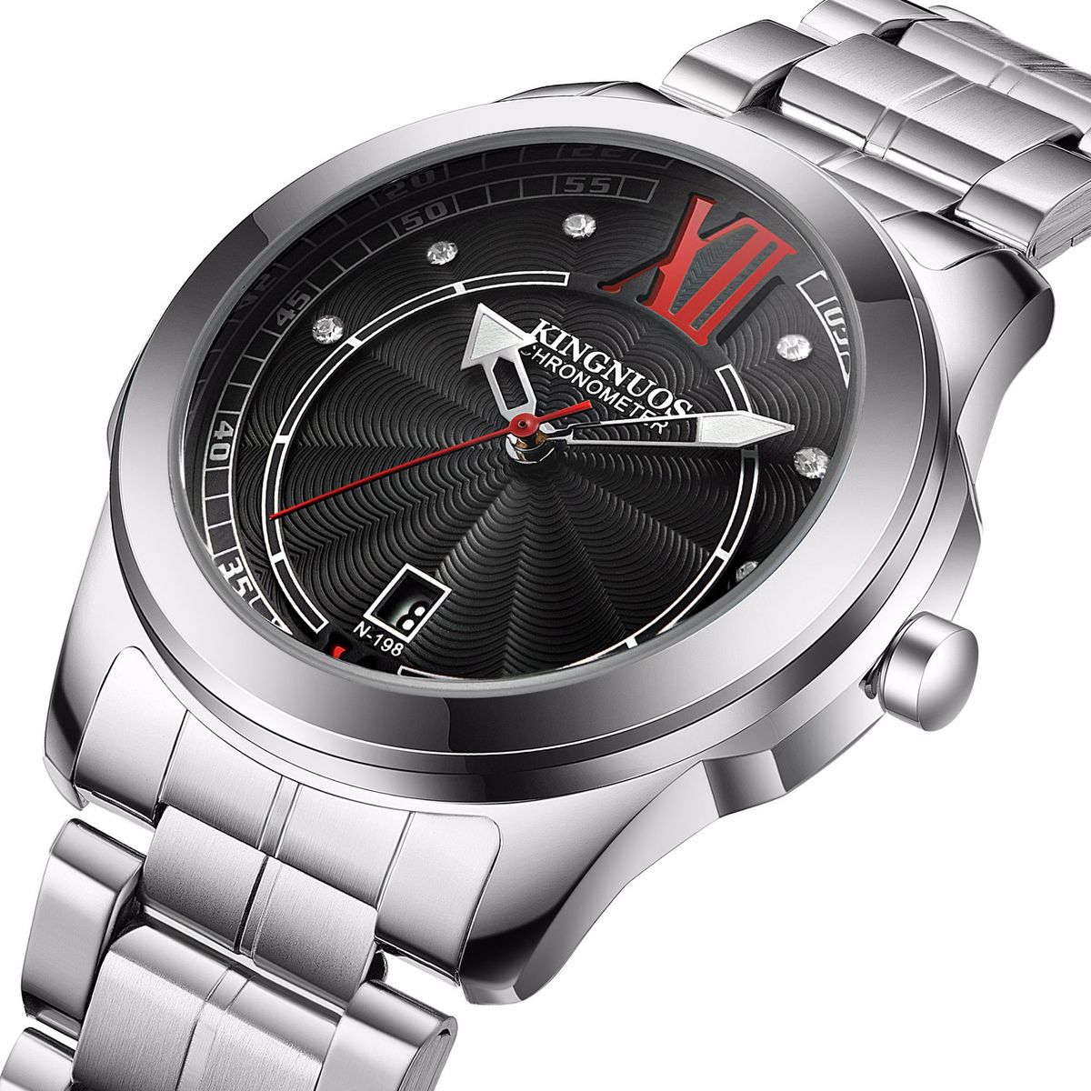 KINGNUOS Ultra-thin Men's Casual Steel Strap Calendar Watch Waterproof Roman Numerals Diamond Studded Belt Watch_voghion.com
