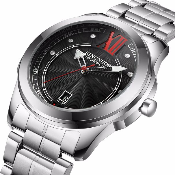 KINGNUOS Ultra-thin Men's Casual Steel Strap Calendar Watch Waterproof Roman Numerals Diamond Studded Belt Watch_voghion.com