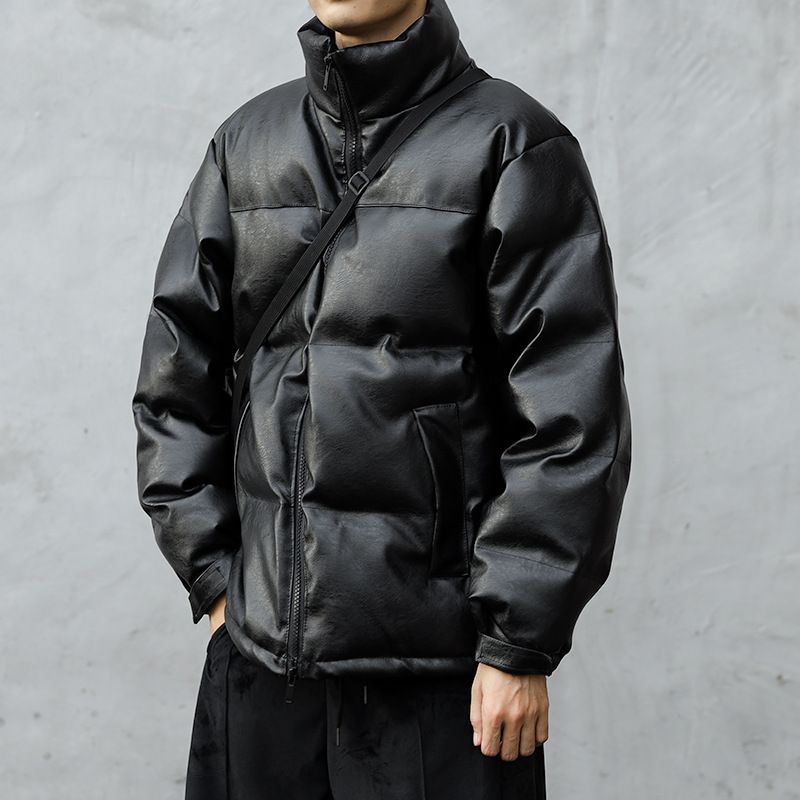 Erkekler İçin Kışlık PU Deri Şişme Mont, Dik Yaka, Soğuk Havalar İçin Kalınlaştırılmış Sıcak Mont, Trend Unisex Sokak Giyimi_voghion.com