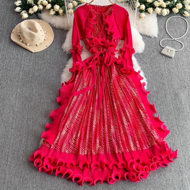 Robe à col rond pour femme, vêtement robuste, estampillé or, haut de gamme, à volants tridimensionnels, longue taille plissée_voghion.com