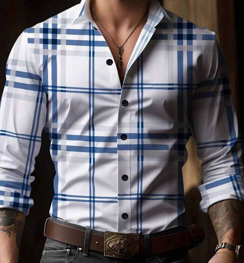 Roupas masculinas listradas, camisa estampada azul, gola casual, manga curta, lapela, tops_voghion.com