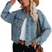 Women's Distressed Denim Jacket With Fringe Hem & Button Closure - Vintage Washed Short Cropped Casual Jacket For Women_voghion.com