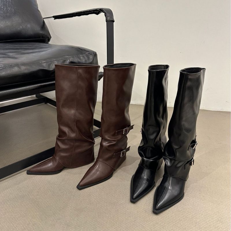 Slope heel heels long female spicy girls, high pointed black patent leather pants boots, explosive street_voghion.com