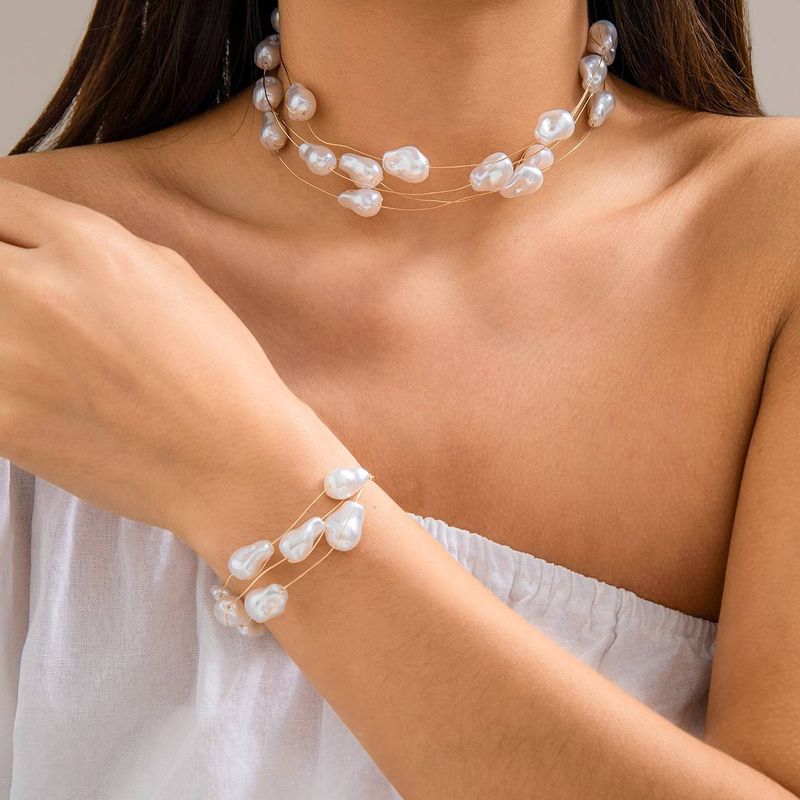 Colier tip choker cu perle baroce multistrat, set de brățări, placat cu aur, set de bijuterii pentru femei, accesoriu de banchete, cadou_voghion.com