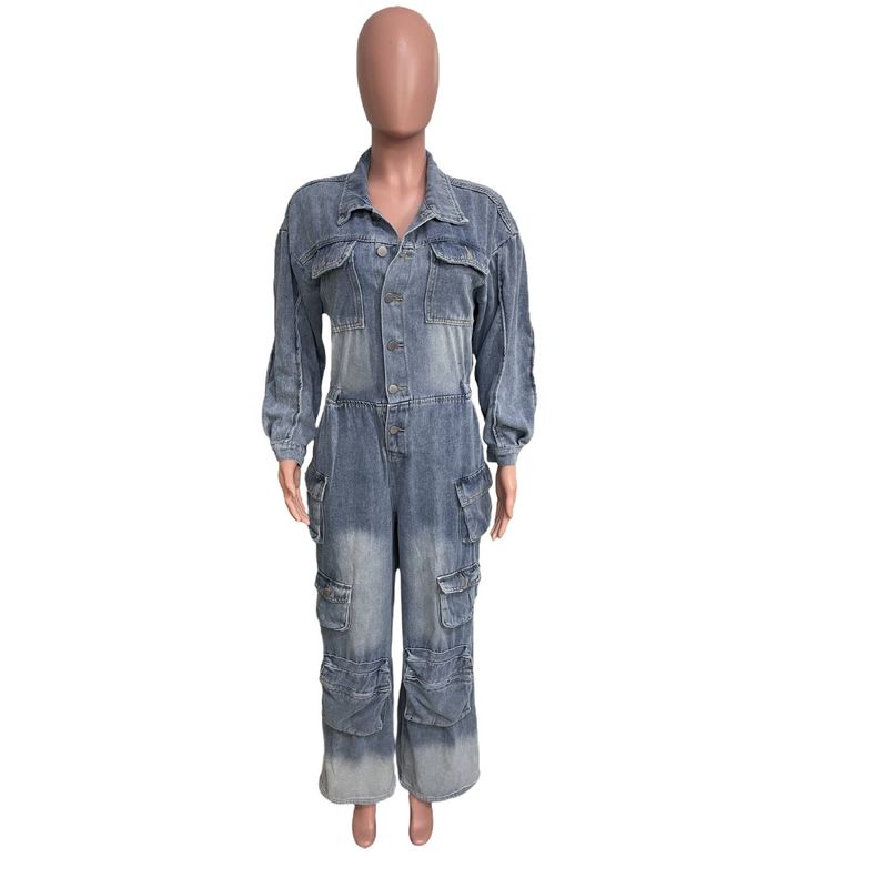 Women's Clothing Overalls Washed Old Denim Jumpsuit Jumpsuit Multi Pocket Wide Leg Pants_voghion.com