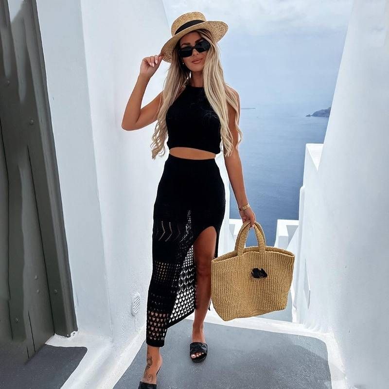 Vêtements pour femmes, jupe de plage sexy, ensemble d'été sans manches, haut court en tricot, jupe longue fendue_voghion.com