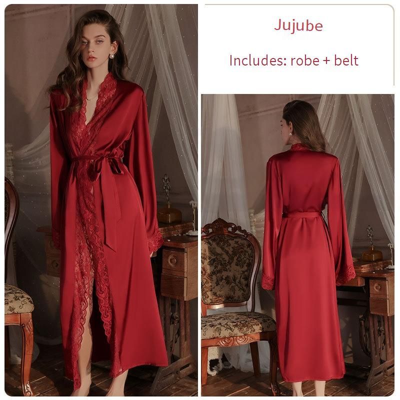 Women's Sleepwears Ice Silk Long Lace Pajamas Pure Desire Style Lace Up Robe Home Clothes Set_voghion.com