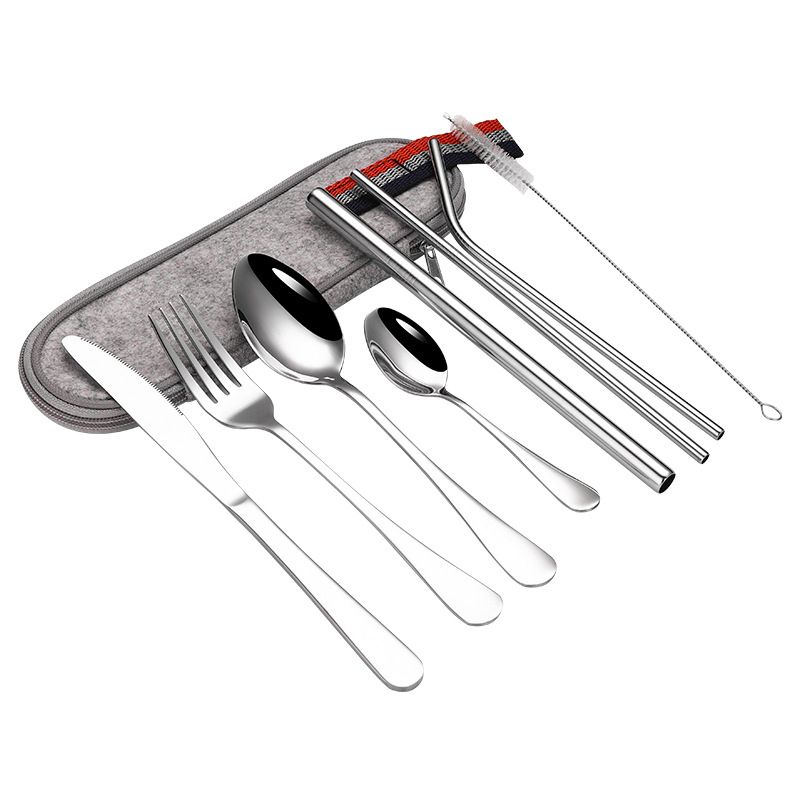 Outdoor portable stainless steel fork, spoon, straw set of 9 pieces, Western style steak knife, zipper ba, tableware_voghion.com