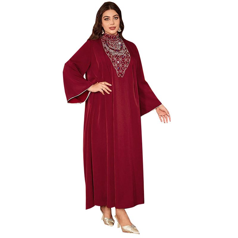 Elegantes muslimisches Abaya-Kleid mit Perlenstickerei – schlichtes langes Maxikleid für Damen, fließendes A-Linien-Kleid in Übergröße, formelle Abendgarderobe mit V-Ausschnitt_voghion.com