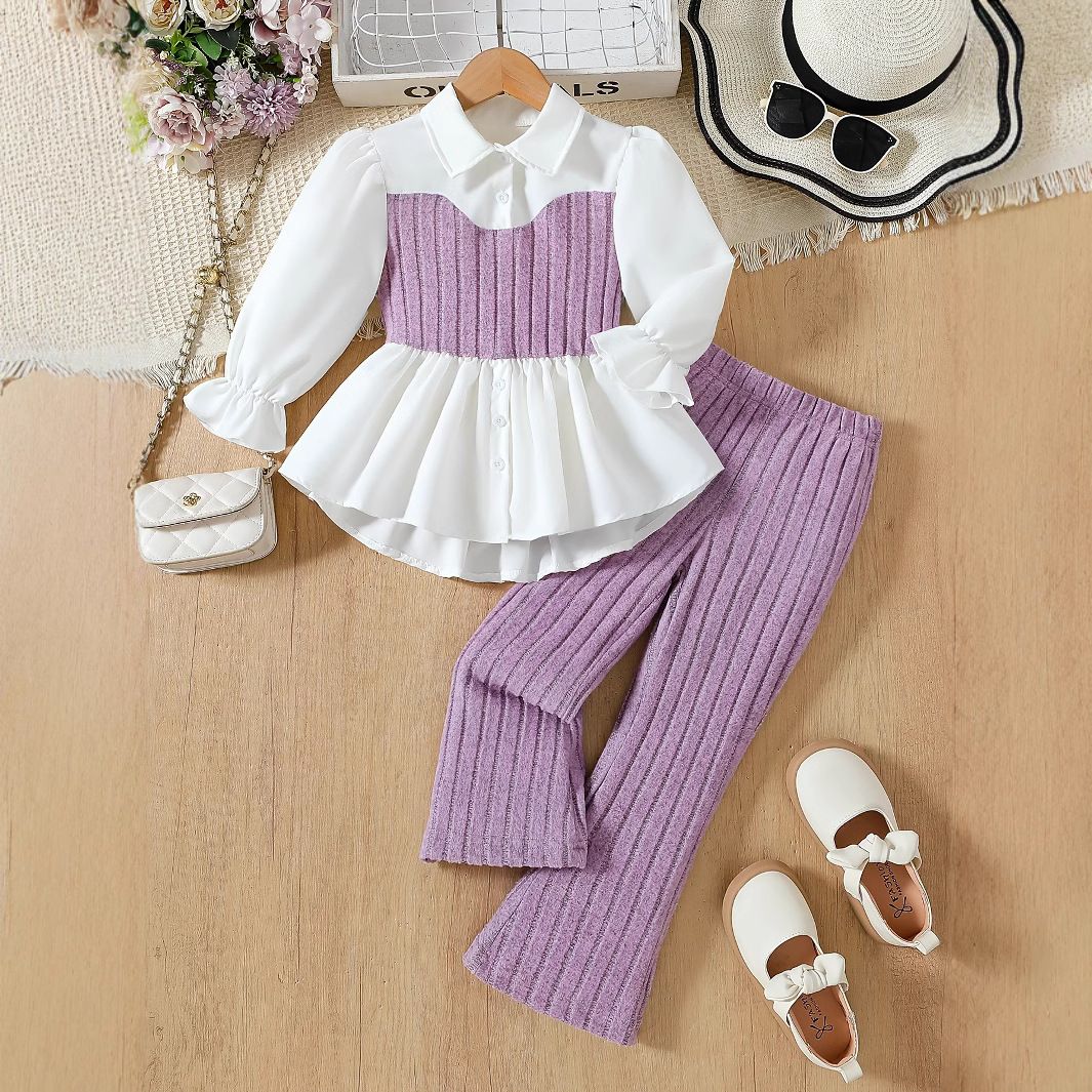 Completo per mamma e bambini, gilet rosa lavorato a maglia, camicia in pizzo con cuciture, pantaloni a righe in lana, completo due pezzi per bambini_voghion.com