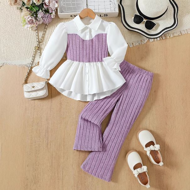 Completo per mamma e bambini, gilet rosa lavorato a maglia, camicia in pizzo con cuciture, pantaloni a righe in lana, completo due pezzi per bambini_voghion.com