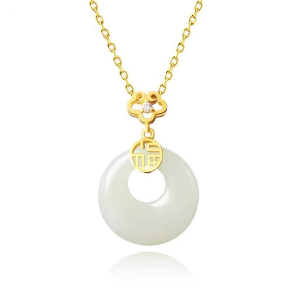 Collana con fibbia di sicurezza in argento puro S999 con giada bianca naturale e midollo, per donna, nuovo stile etnico cinese antico, con un_voghion.com