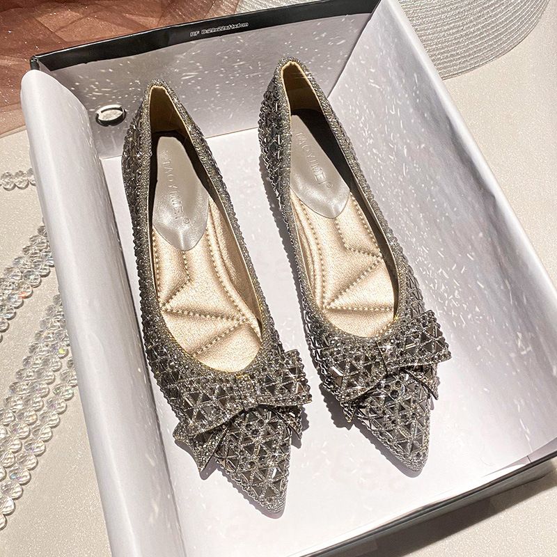 Salto Chunky Feminino Novo Raso Boca Cheia De Diamantes Arco Temperamento Versátil Superfície Macia Confortável_voghion.com