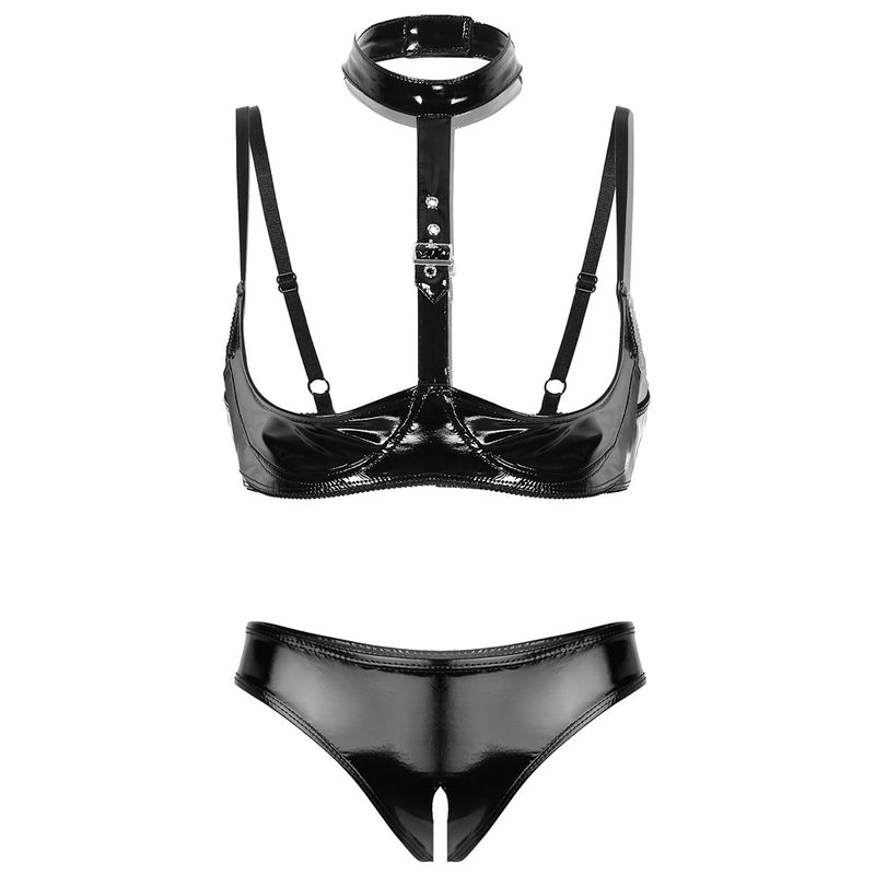 2Pcs Women Wet Look Patent Leather Sexy Leotard Lingerie Set Open Cups Shelf Bra Top with Open Crotch High Cut Briefs_voghion.com