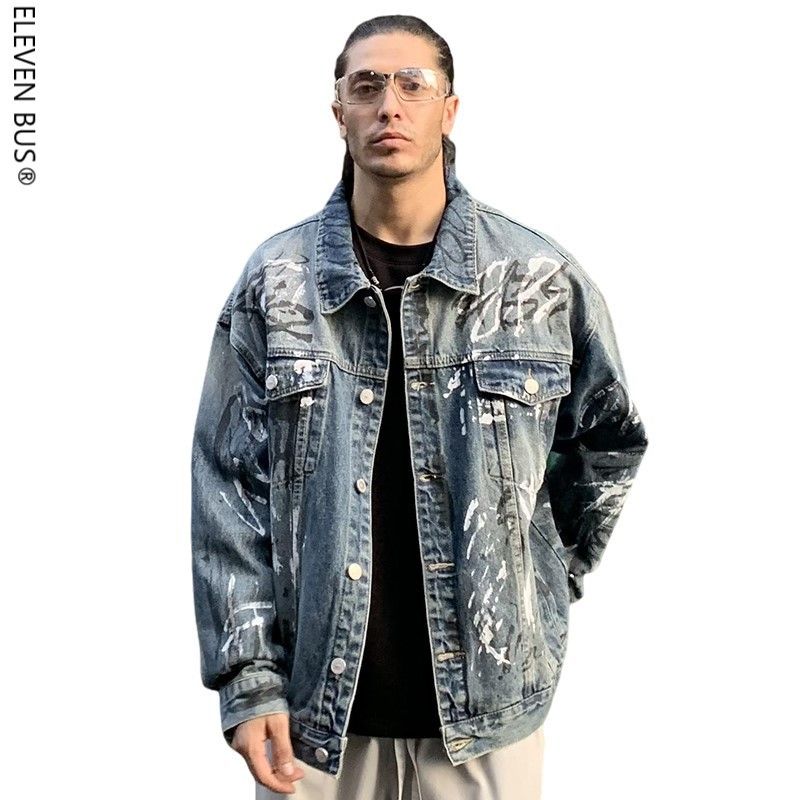 Giacca in denim retrò classica da uomo con graffiti, alla moda, pesante e alla moda_voghion.com