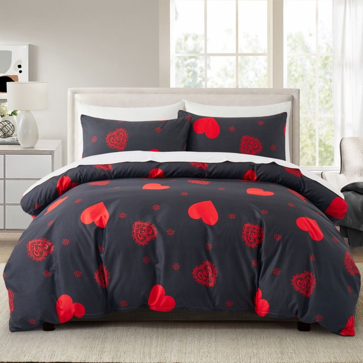 Schwarzes Bettbezug-Set mit Paisley-Muster, 3-teilig, luxuriöse Bettwäsche mit Herzmotiv, 100 % Baumwolle, weich, atmungsaktiv, Queen-Size-Größe, für moderne Schlafzimmerdekoration_voghion.com