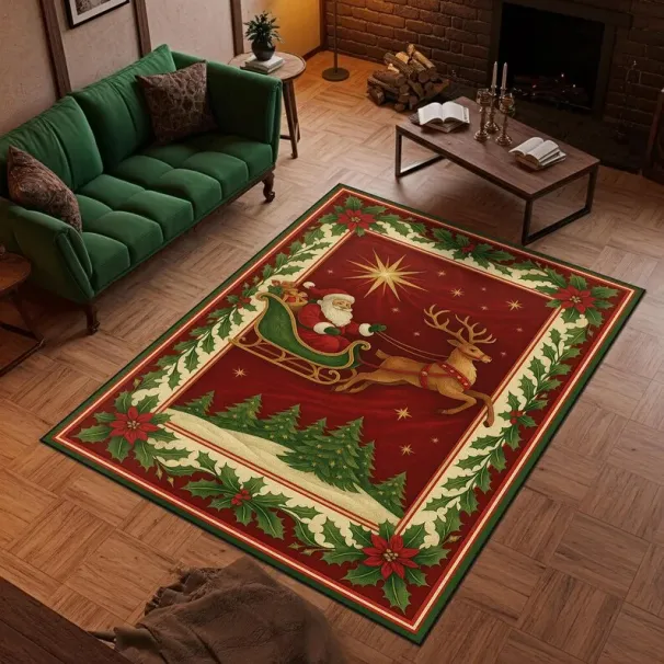 Vintage kerstkleed met slee van de Kerstman en rendieren, rood, feestelijk kerstkleed, kerstboomprint voor woonkamerdecoratie_voghion.com