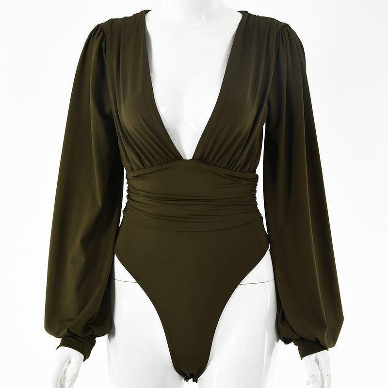 Sexig långärmad djup V-midja, veckad temperament jumpsuit för kvinnor_voghion.com