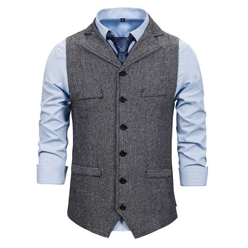 [Design senza colletto] Gilet monopetto a spina di pesce da uomo, gilet da abito da uomo_voghion.com