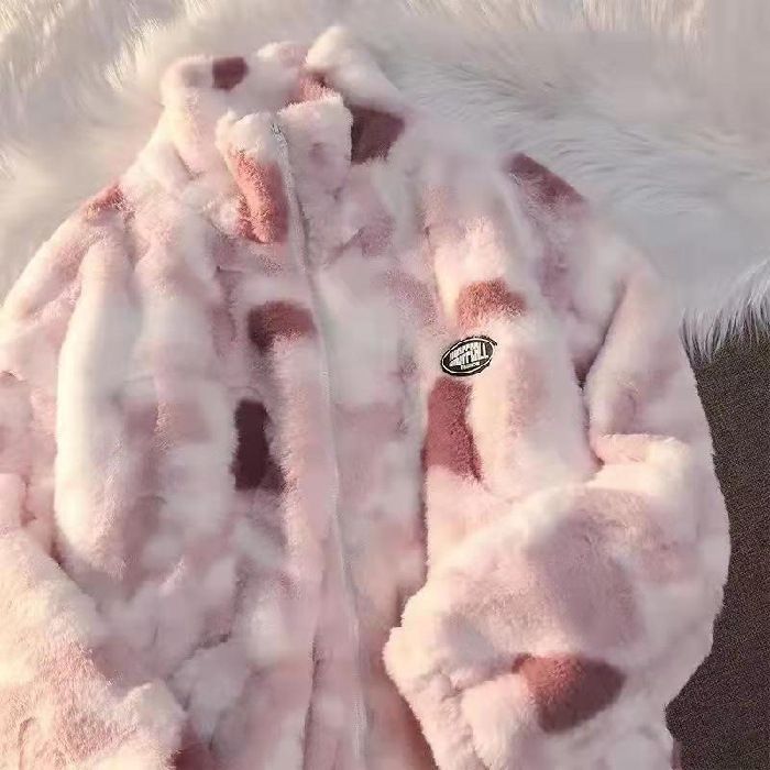Women's large size winter thickened lamb wool top trendy ins Tie-dye lamb wool coat _voghion.com
