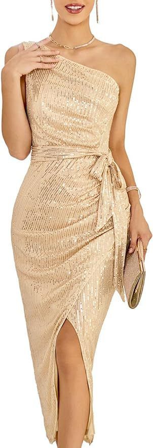 Elegant One-Shoulder Sequin Maxi Dress – Glitter Wrap Evening Gown With High Slit_voghion.com