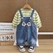 Gestreifter langärmeliger Jeans-Overall für Jungen im Herbst 2024, Neuware, zweiteiliger Baby-Overall mit dreidimensionalem Cartoon-Muster_voghion.com