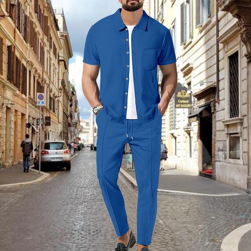 Men's Waffle Knit Short Sleeve Shirt & Pants Set - Breathable Summer Casual Outfit (Black, White, Khaki, Gray, Blue) - S-XXXL​_voghion.com
