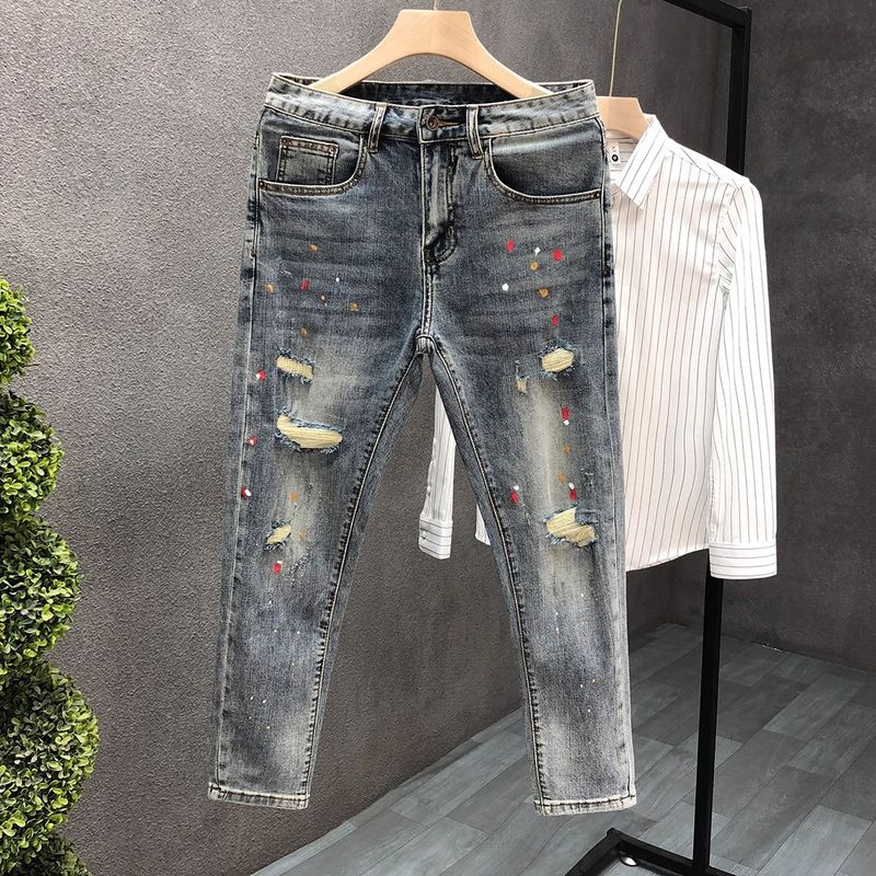 Jeans elasticizzati slim fit da uomo - Pantaloni in denim vintage strappati con lavaggio a schizzi, comodi pantaloni skinny affusolati per abbigliamento casual da strada_voghion.com