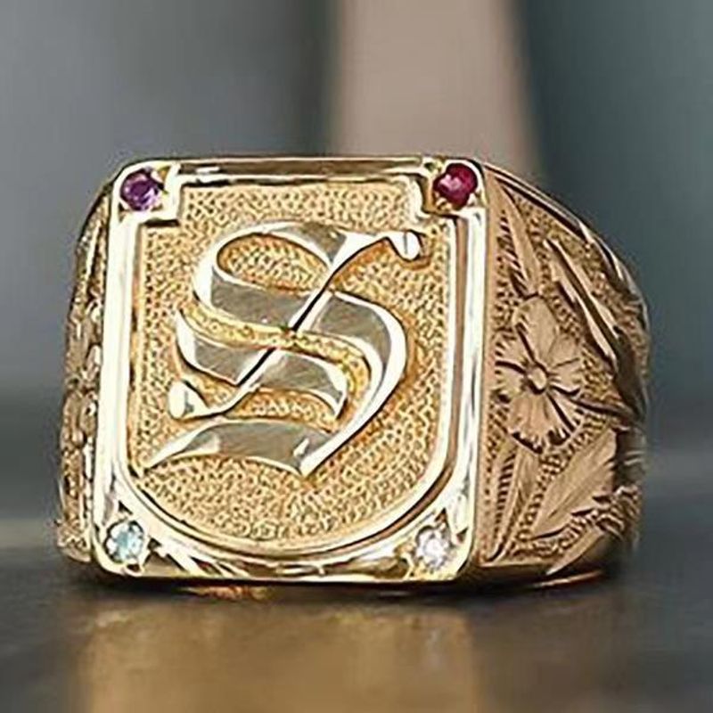 Anillo de hombre con diseño de flor y letra S, estilo creativo, con galvanoplastia y tendencia de moda._voghion.com
