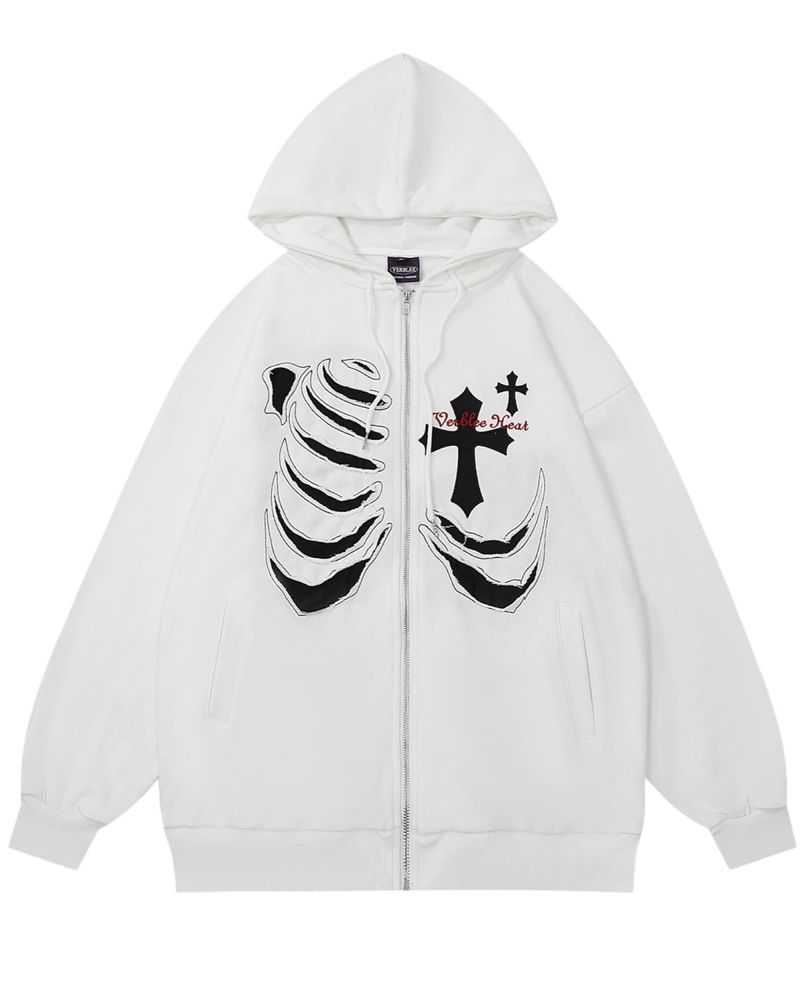 Harajuku Y2K Geripptes Kreuz Herbst Damen Kapuzenpullover Reißverschluss Print Langarm Lose Hoodie Jacke_voghion.com
