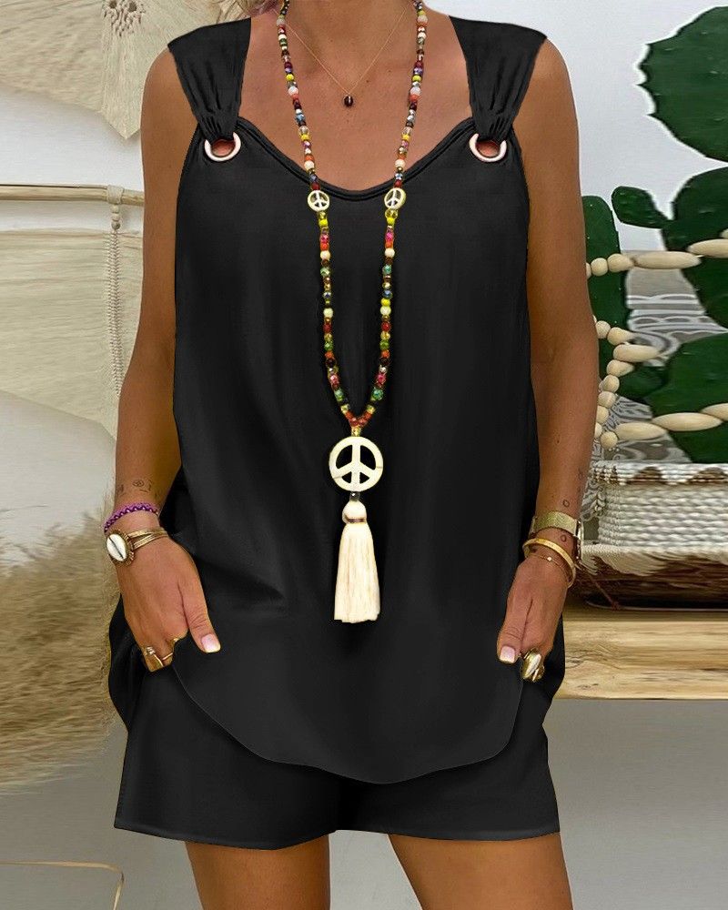 Damenbekleidung elegantes einfarbiges ärmelloses Casual-Top + Shorts-Set_voghion.com
