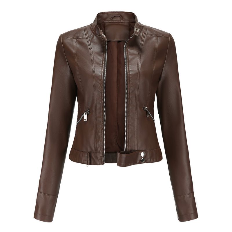 Giacca corta da donna Giacca in pelle da donna con colletto rialzato primaverile e autunnale_voghion.com