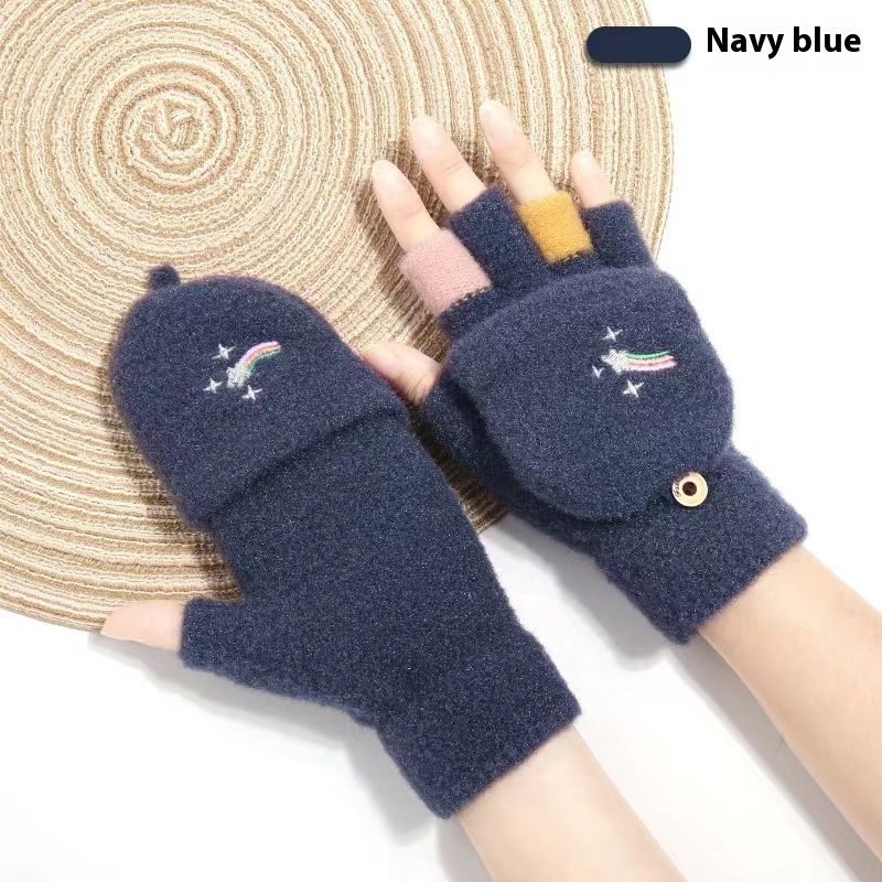 Winter Warm Half Finger Flip Knitted Gloves For Boys And Girls Students Rainbow Writing Cute Gloves_voghion.com