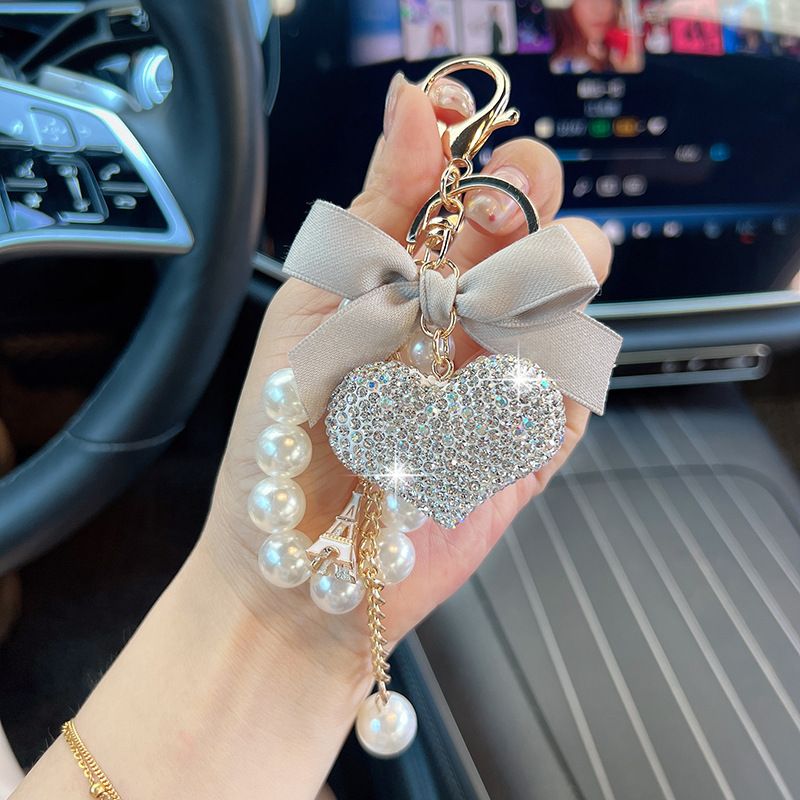 New Bowknot Pearl String Full Diamond Heart Korean Style Car Keychain Creative Bag Pendant_voghion.com