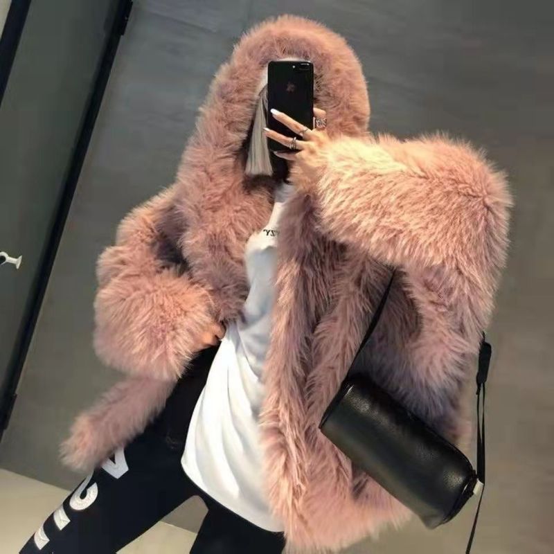Cappotto in pelliccia sintetica da donna con cappuccio, modello nordico in maglia con maniche a pipistrello, capospalla invernale caldo e accogliente in vari colori_voghion.com