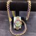 Set regalo con collana e bracciale tempestato di diamanti Hip Hop, set di orologi con catena cubana_voghion.com