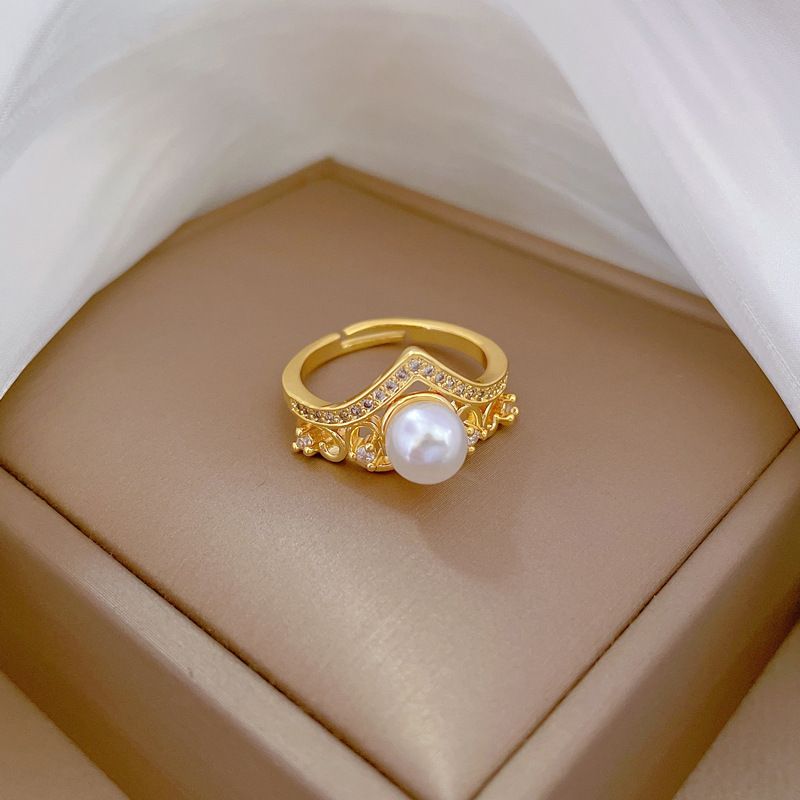 【Oro vero】 Anello a forma di corona con perle e apertura regolabile, semplice anello fatto a mano, anello di coppia_voghion.com