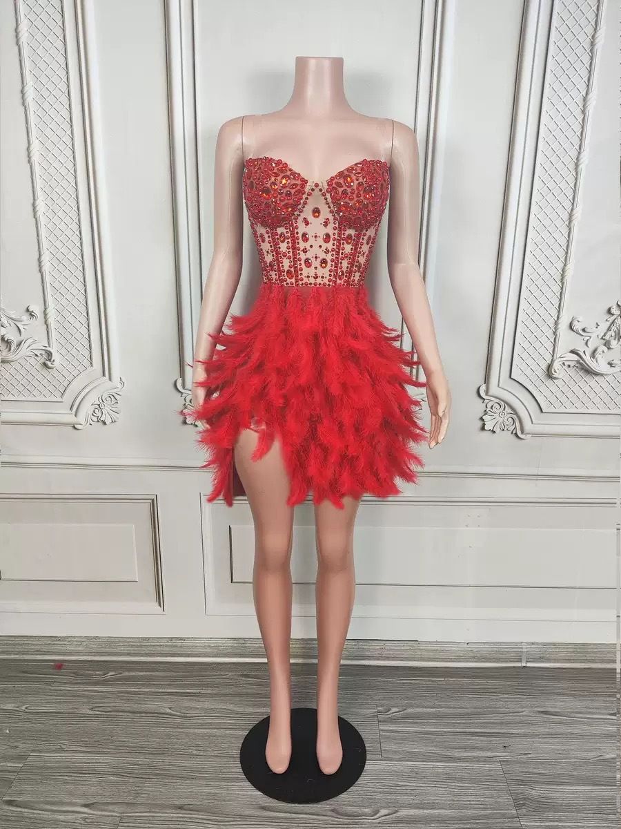 Abito da ballo elegante da donna con piume di cigno, senza spalline, stile impero, per feste di compleanno, gala, eventi serali (bianco/rosso, lungo/corto)_voghion.com