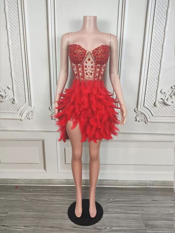 Abito da ballo elegante da donna con piume di cigno, senza spalline, stile impero, per feste di compleanno, gala, eventi serali (bianco/rosso, lungo/corto)_voghion.com