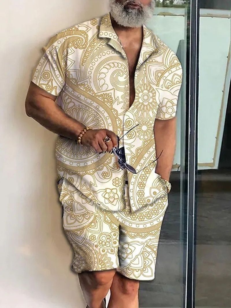 Ensemble de chemise décontractée à manches courtes et col cubain imprimé en 3D pour hommes, été hawaïen Paisley_voghion.com