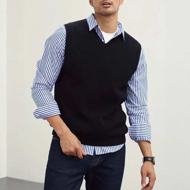 ​​Herren Slim Fit V-Ausschnitt Pullunder – College Style Ärmelloser Pullover (Dunkelgrün/Grau/Schwarz, S-XXL)​​_voghion.com