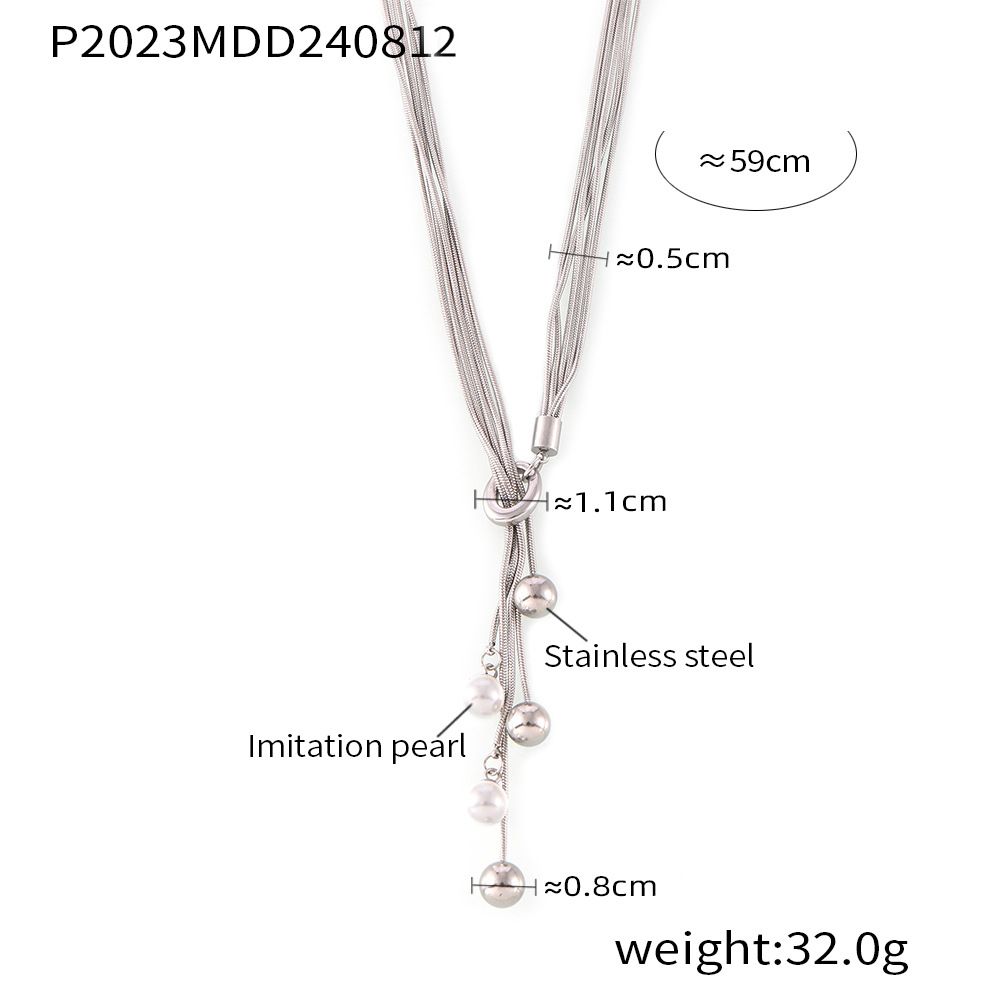 Personalized Multi-layer Chain Tassel Imitation Pearl Pendant Necklace With OT Buckle And Pull-out Stainless Steel Cool Style For Women_voghion.com