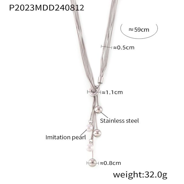Personalized Multi-layer Chain Tassel Imitation Pearl Pendant Necklace With OT Buckle And Pull-out Stainless Steel Cool Style For Women_voghion.com