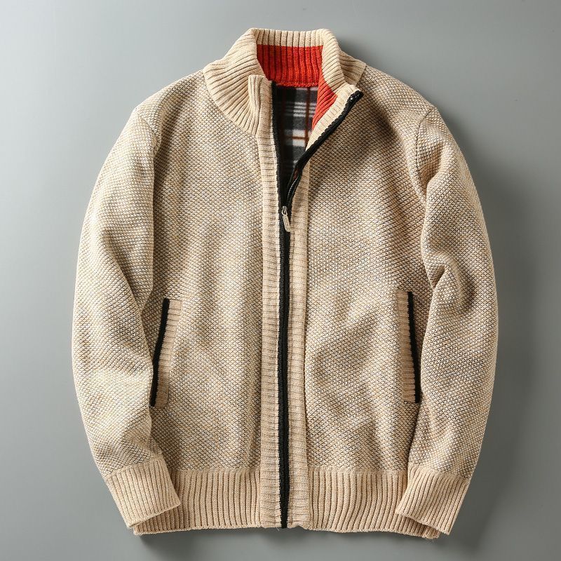 Cardigan in maglia con collo alto da uomo e velluto, cardigan in maglia con collo alto da uomo, foderato in pile, spesso, caldo, casual, versatile, giacca maglione_voghion.com