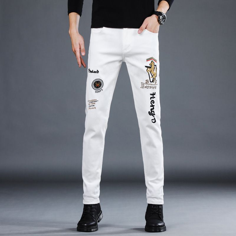 Abbigliamento da uomo Jeans bianchi ricamati da uomo, primavera e autunno, elasticizzati, vestibilità slim, versatili, pantaloni lunghi casual, alla moda_voghion.com