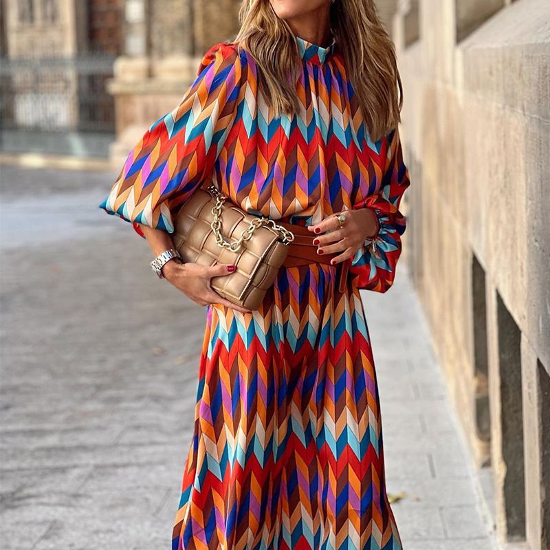 Women's fashionable temperament stand collar long-sleeved mid-length dress_voghion.com