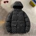 Men's Oversized Hooded Puffer Jacket With Print Design, Thickened Winter Coat For Casual Wear (Black, Printed Black, Brown, Blue)_voghion.com